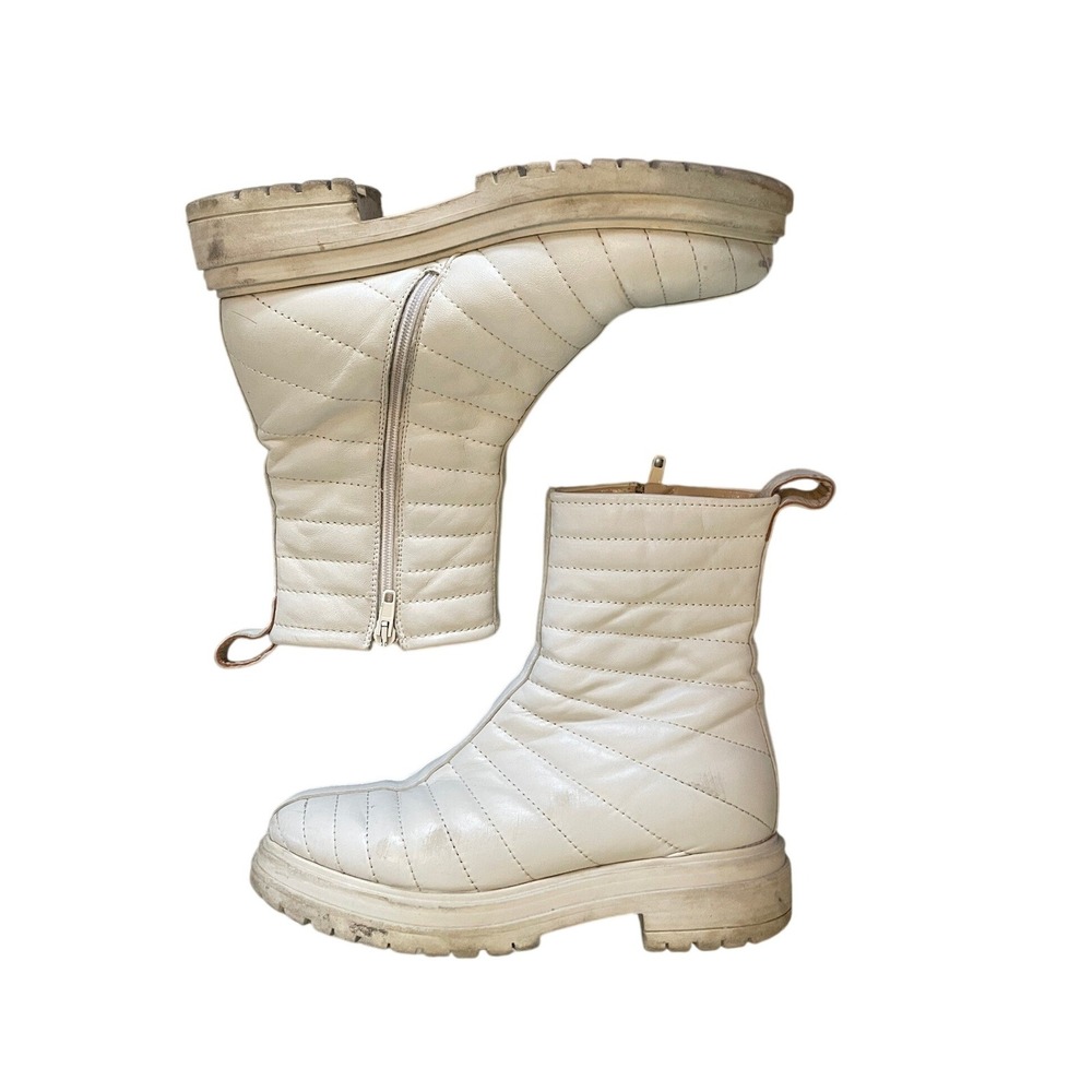 Cream Quilted Leather Lug Sole Ankle Boots Made in Italy Size 8 by Napoleoni